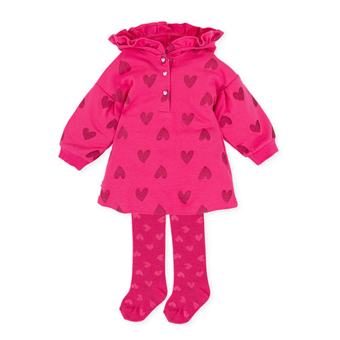 Agatha Pink Heart Frill Hooded Dress & Tights