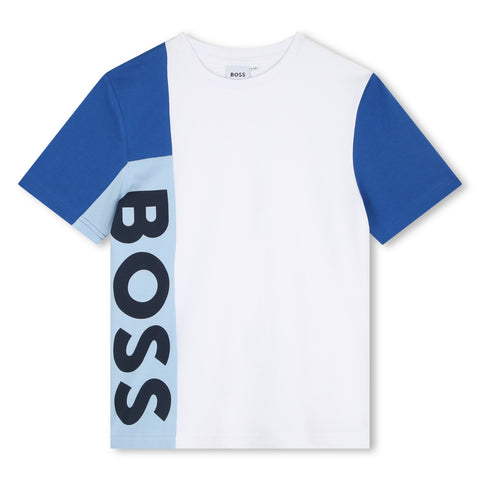 Camiseta blanca/azul con logo en bloque de Boss