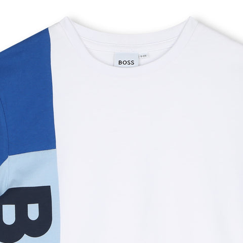 Camiseta blanca/azul con logo en bloque de Boss