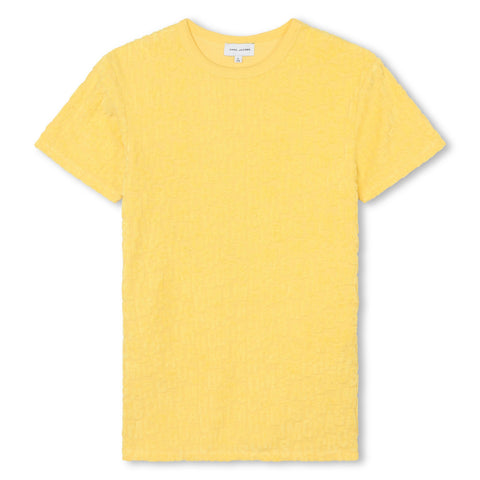 Vestido amarillo con múltiples logotipos de Marc Jacobs