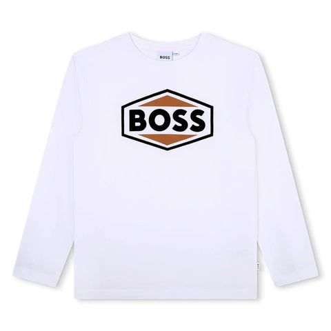Camiseta blanca de manga larga con logo de Boss